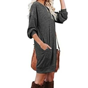 Long Sleeves Causal Loose Round-Neck Tuinc Dress Gray